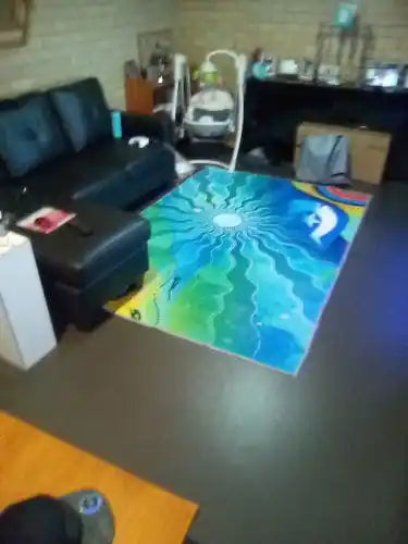 Living room with a colorful rug featuring a sun design, black sofa, and various items on a shelf.
