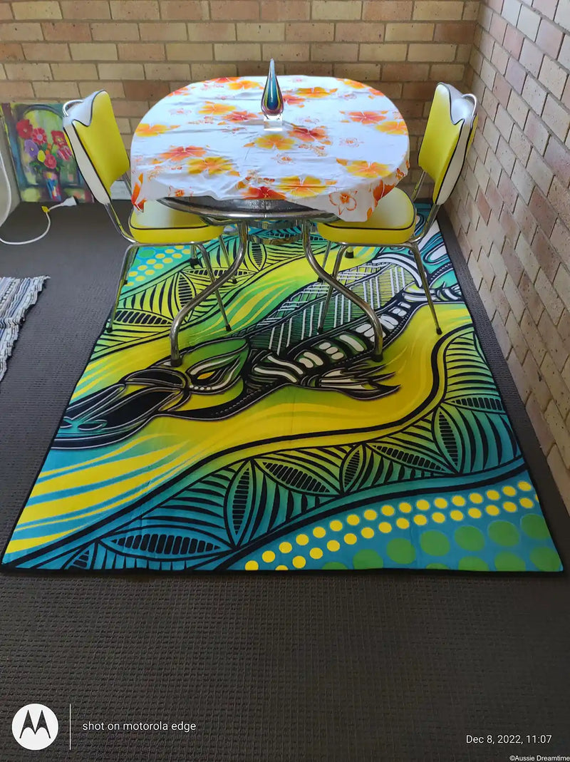 Colorful rug with abstract design on a room floor, featuring a table and chairs.