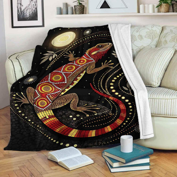 Aussie Dreamtime Australia Aboriginal Premium Blanket - Lizard in dot art style with glowing moonlit - View 1