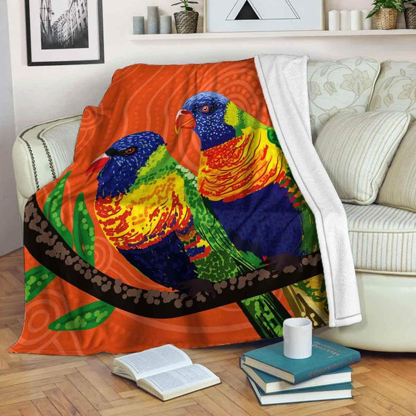 Aussie Dreamtime Australia Aboriginal Premium Blanket - Aboriginal style of Rainbow Lorikeet art - View 1