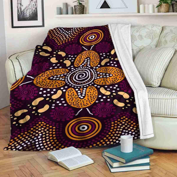 Aussie Dreamtime Australia Aboriginal Premium Blanket - Dot Art Reunion Concept With Footprints - View 1