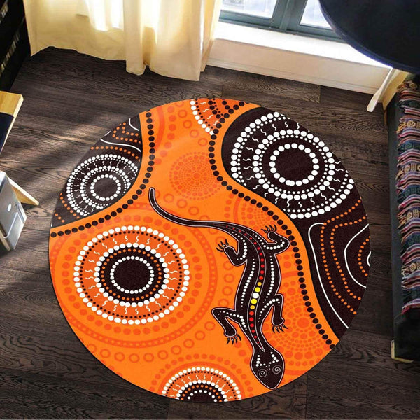 Aussie Dreamtime Australia Aboriginal Round Rug - Aboriginal art background with Lizard - View 1