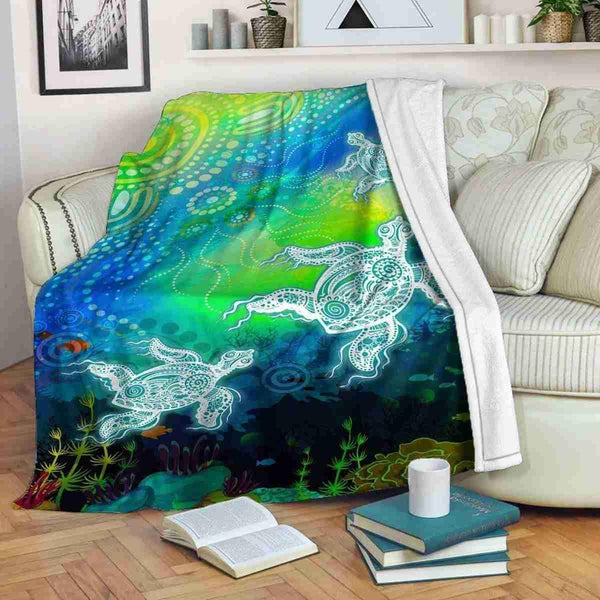 Aussie Dreamtime Australia Aboriginal Premium Blanket - Turtles Dreaming in Ocean Painting - View 1
