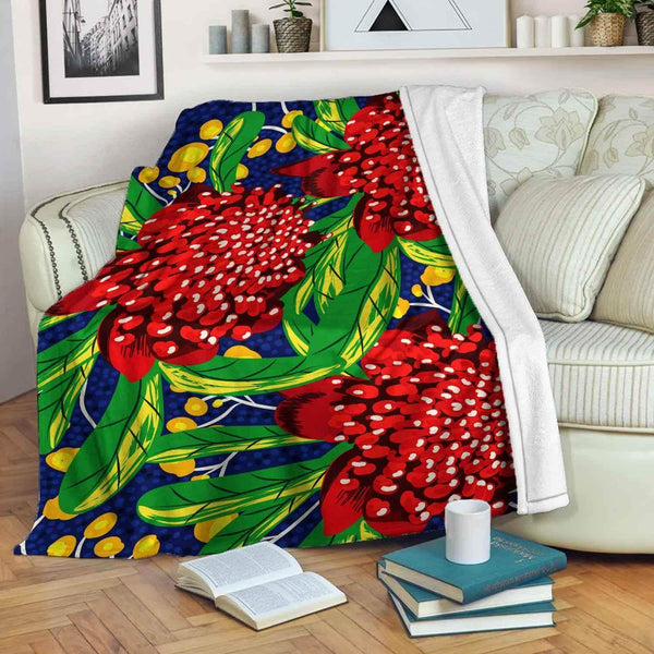 Aussie Dreamtime Australia Aboriginal Premium Blanket - Aboriginal Style Australian Waratah Flower - View 1