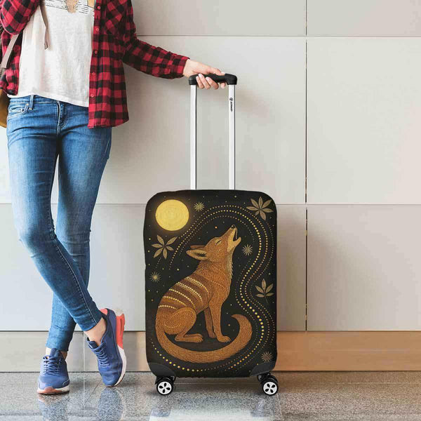 Aussie Dreamtime Australia Aboriginal Luggage Cover - Howling Dingo in dot art style with glowing moonlit - View 1
