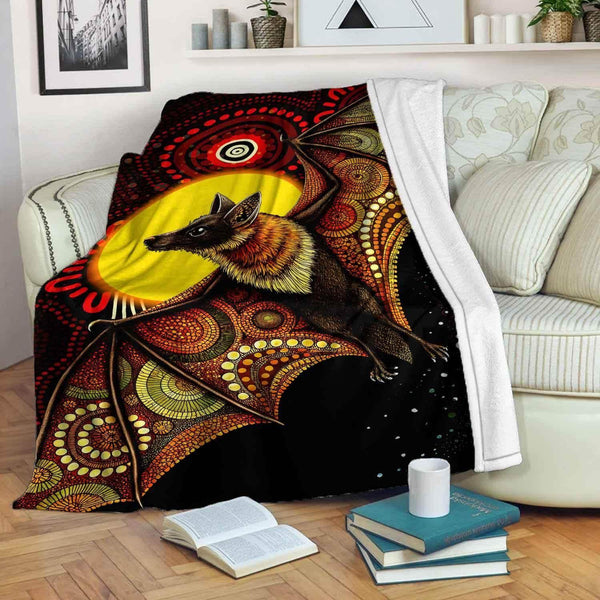 Aussie Dreamtime Australia Aboriginal Premium Blanket - Flying Fox in dot art style - View 1