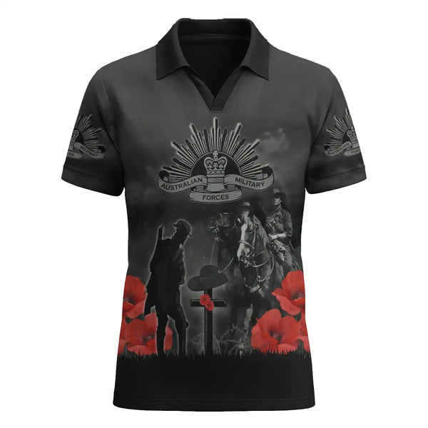 Black Remembrance Day V-neck polo shirt with Australian Military Forces design featuring soldiers, poppies, and a cenotaph.