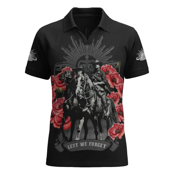 Black v-neck polo shirt with a graphic design of a horse and rider surrounded by red roses on a white background.