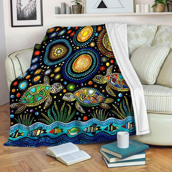 Aussie Dreamtime Australia Aboriginal Premium Blanket - Landscape with a River, Fish and Turtles - View 1
