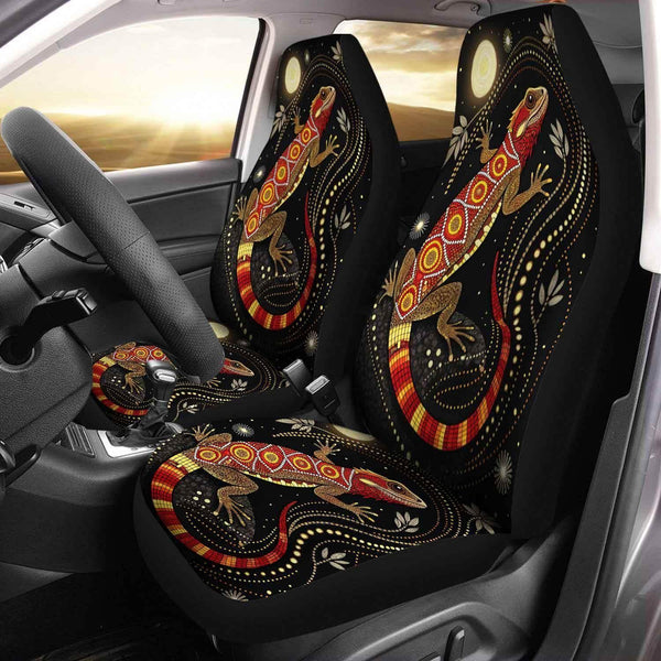 Aussie Dreamtime Australia Aboriginal Car Seat Cover - Lizard in dot art style with glowing moonlit - View 1
