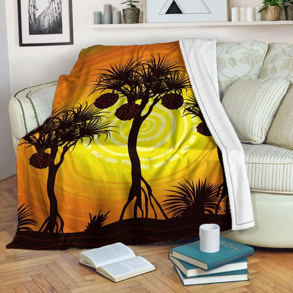 Aussie Dreamtime Australia Aboriginal Premium Blanket - Aboriginal style of Pandanus tree artwork - View 1