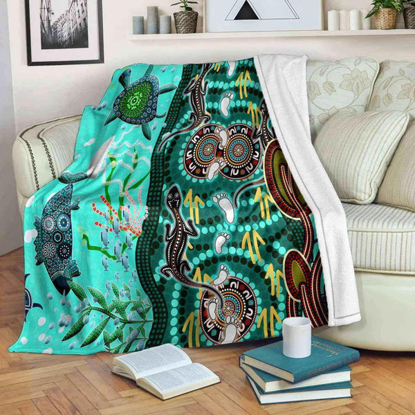 Aussie Dreamtime Australia Premium Blanket - Aboriginal Inspired Sea and Life - View 1