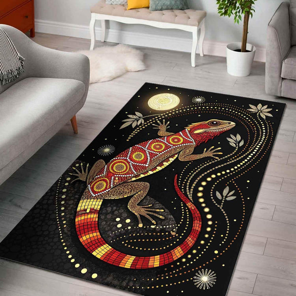 Aussie Dreamtime Australia Aboriginal Area Rug - Lizard in dot art style with glowing moonlit - View 1