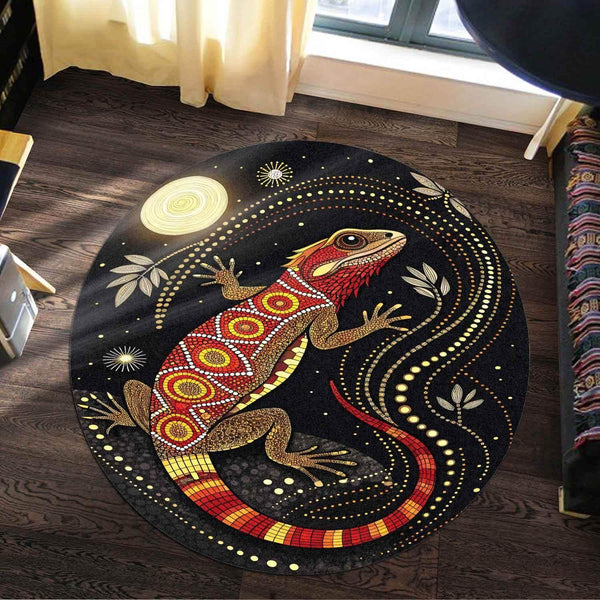 Aussie Dreamtime Australia Aboriginal Round Rug - Lizard in dot art style with glowing moonlit - View 1