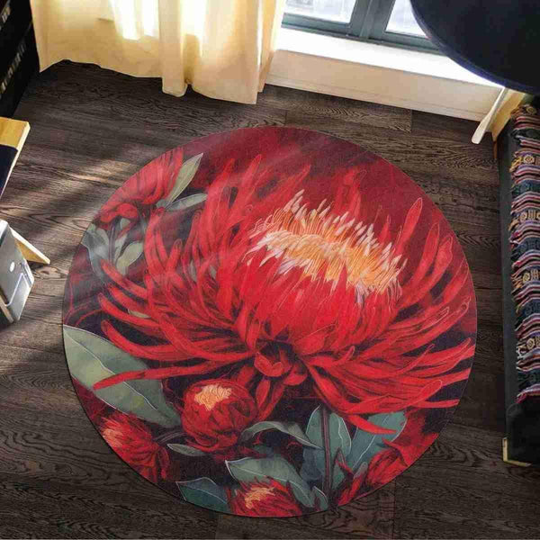 Aussie Dreamtime Australia Round Rug - Red Waratah Exotic Watercolor Painting - View 1