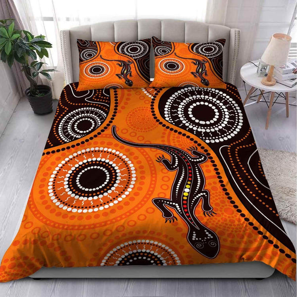 Aussie Dreamtime Australia Aboriginal Bedding Set - Aboriginal art background with Lizard - View 1
