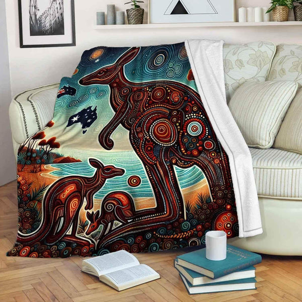 Aussie Dreamtime Australia Aboriginal Premium Blanket - Australian dot of painting of Kangaroos - View 1