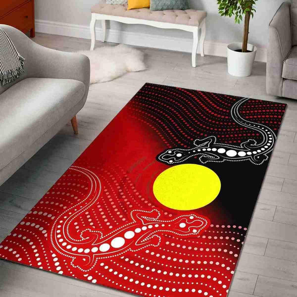 Aussie Dreamtime Australia Aboriginal Area Rug - Lizards with Indigenous Flag Dot Painting - View 1