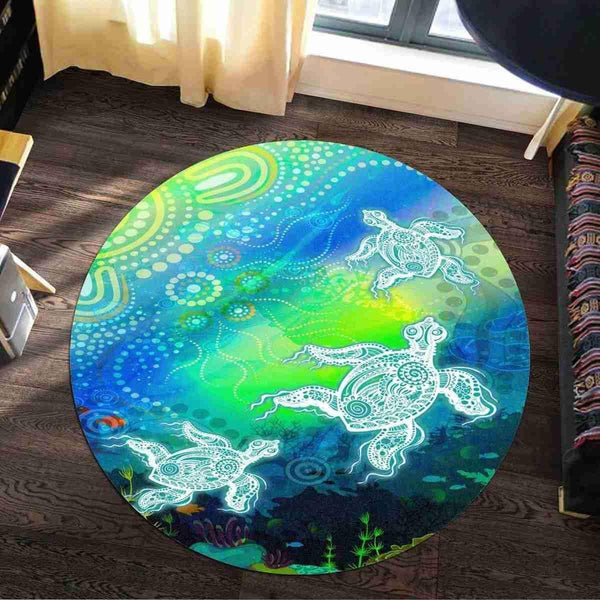 Aussie Dreamtime Australia Aboriginal Round Rug - Turtles Dreaming in Ocean Painting - View 1