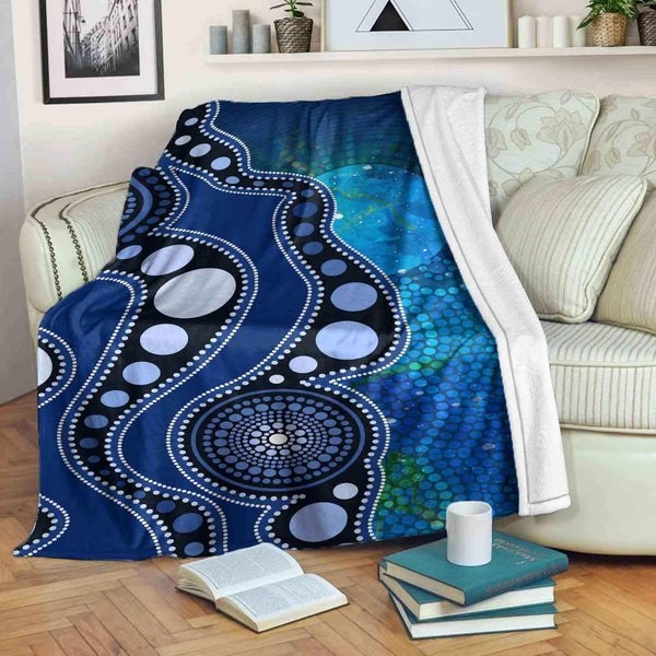 Aussie Dreamtime Australia Aboriginal Premium Blanket - Indigenous Sun Dot Art Pattern Painting Blue - View 1