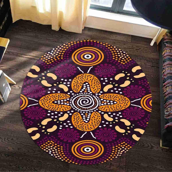 Aussie Dreamtime Australia Aboriginal Round Rug - Dot Art Reunion Concept With Footprints - View 1