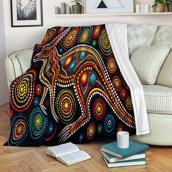 Aussie Dreamtime Australia Aboriginal Premium Blanket - Kangaroo in traditional Aboriginal art style - View 1