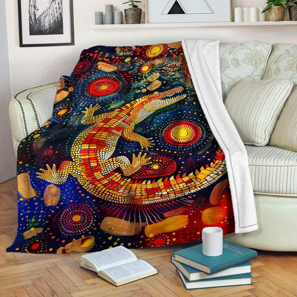 Aussie Dreamtime Australia Aboriginal Premium Blanket - Crocodile in Aboriginal Dot Art Style - View 1
