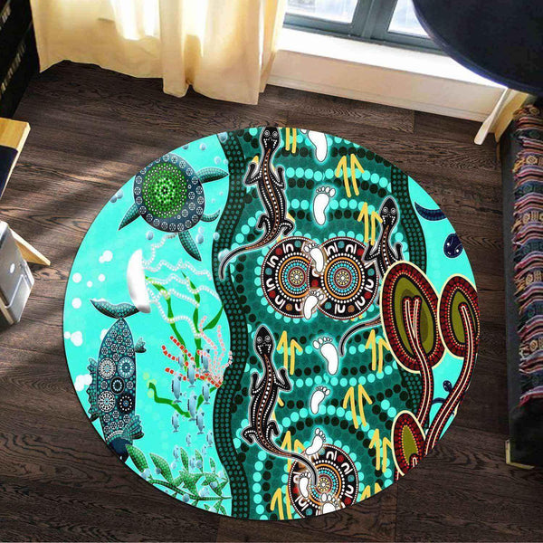 Aussie Dreamtime Australia Round Rug - Aboriginal Inspired Sea and Life - View 1