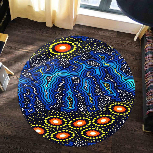 Aussie Dreamtime Australia Aboriginal Round Rug - Background of Aboriginal Inspired dot art dreaming - View 1
