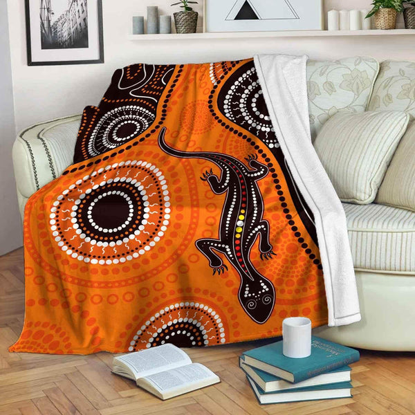 Aussie Dreamtime Australia Aboriginal Premium Blanket - Aboriginal art background with Lizard - View 1