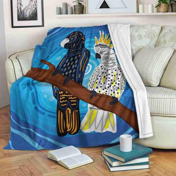 Aussie Dreamtime Australia Aboriginal Premium Blanket - Black And White Cockatoo Birds Aboriginal Art - View 1