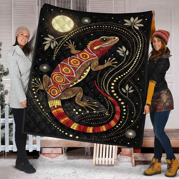 Aussie Dreamtime Australia Aboriginal Premium Quilt - Lizard in dot art style with glowing moonlit - View 1