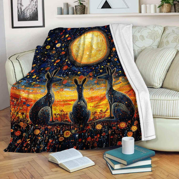 Aussie Dreamtime Australia Aboriginal Premium Blanket - Kangaroos under Night Sky Oil Dot Painting - View 1