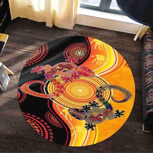 Aussie Dreamtime Australia Aboriginal Round Rug - Dot Art Painting of Two Geckos - View 1