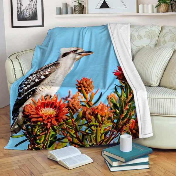 Aussie Dreamtime Australia Premium Blanket - Kookaburra Perched on Protea Bush - View 1