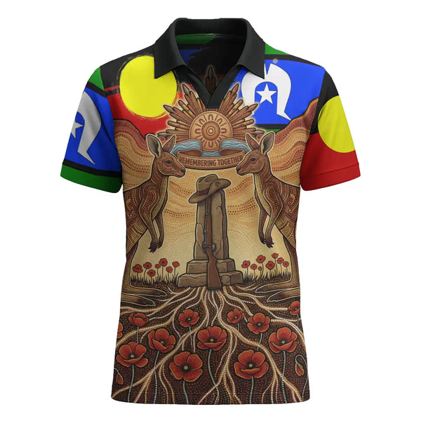 V-neck Remembrance Polo shirt with kangaroo design and Aboriginal art elements on a white background