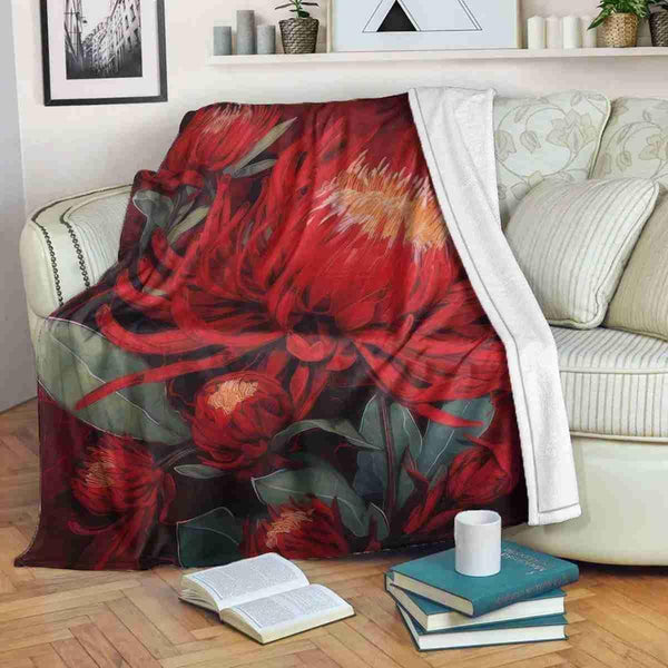 Aussie Dreamtime Australia Premium Blanket - Red Waratah Exotic Watercolor Painting - View 1
