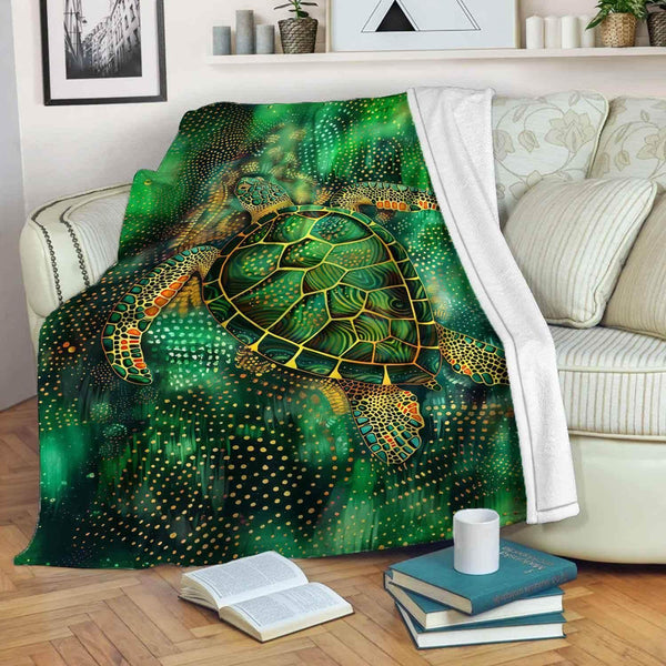 Aussie Dreamtime Australia Aboriginal Premium Blanket - Green Sea Turtle in Aborigine Dot Art Style - View 1