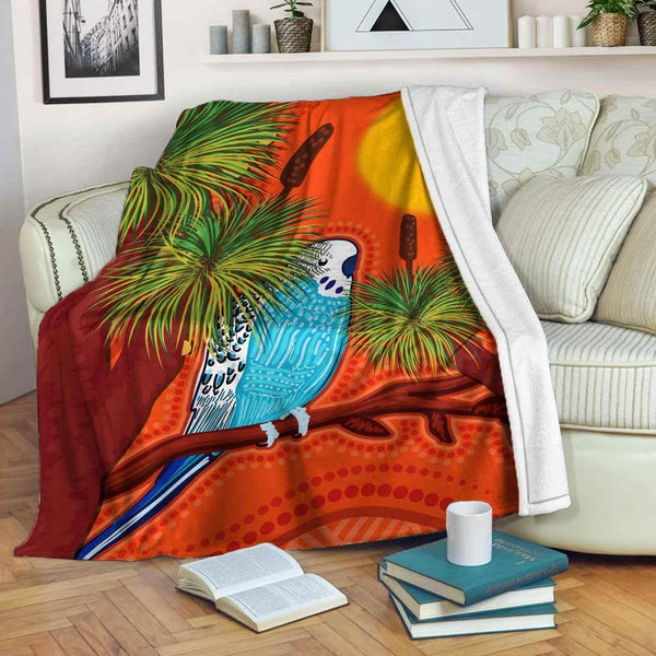 Aussie Dreamtime Australia Aboriginal Premium Blanket - Blue Budgie dot art painting - View 1