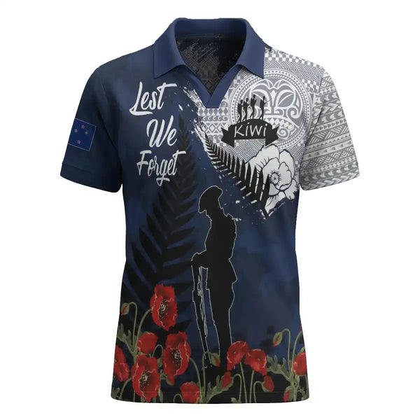 New Zealand Remembrance Day V-Neck Polo Shirt - Lest We Forget Maori Inspired Silver Fern Tribute