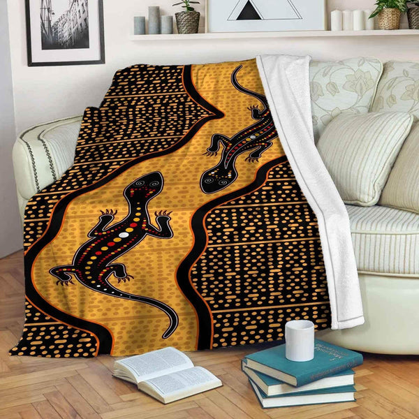 Aussie Dreamtime Australia Aboriginal Premium Blanket - Aboriginal art with twin Lizards - View 1