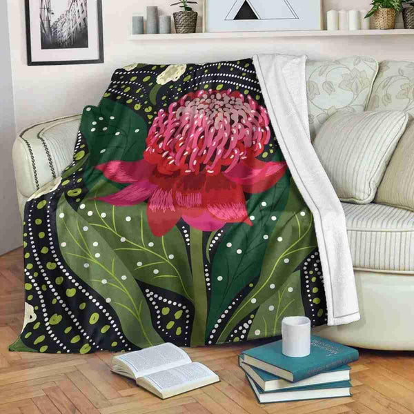 Aussie Dreamtime Australia Aboriginal Premium Blanket - Aboriginal art of Waratah Flower - View 1
