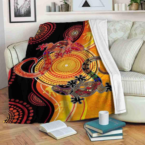 Aussie Dreamtime Australia Aboriginal Premium Blanket - Dot Art Painting of Two Geckos - View 1