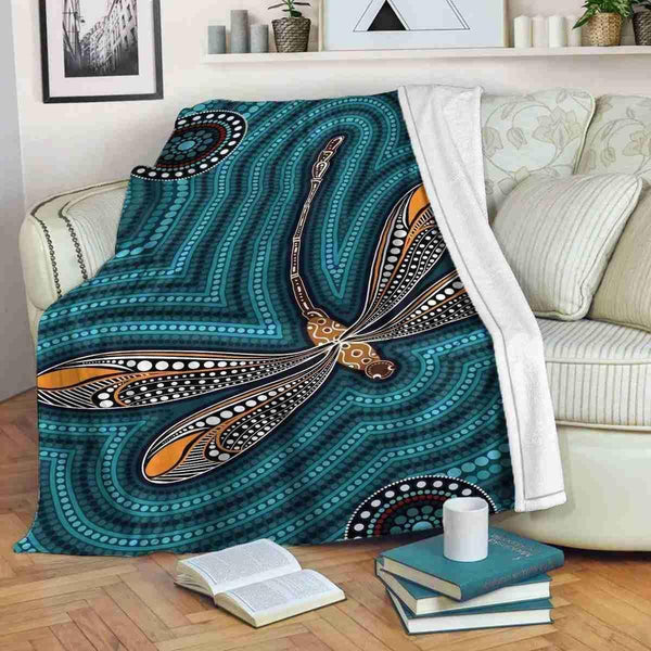 Aussie Dreamtime Australia Aboriginal Premium Blanket - Aboriginal Dragonfly Dot Art Concept - View 1