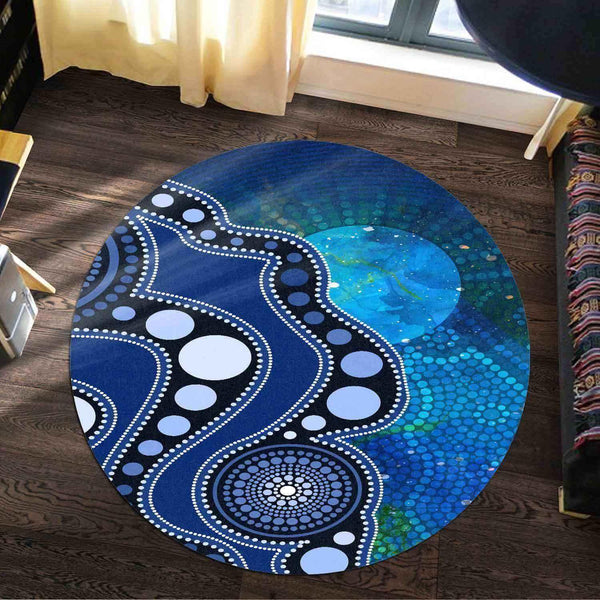 Aussie Dreamtime Australia Aboriginal Round Rug - Indigenous Sun Dot Art Pattern Painting Blue - View 1