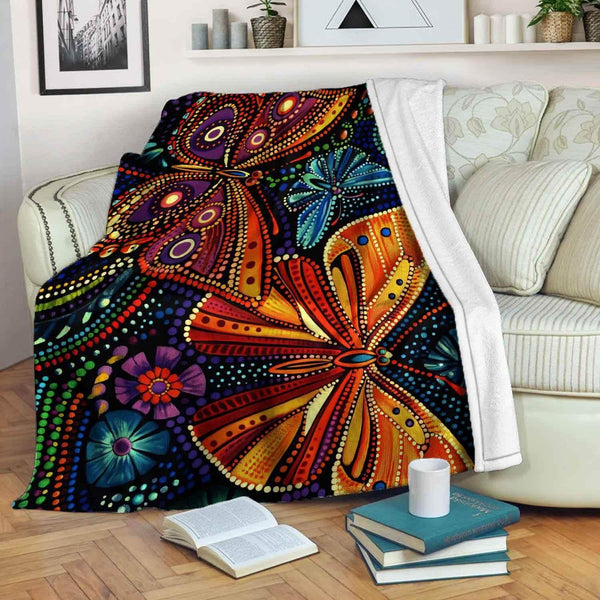 Aussie Dreamtime Australia Aboriginal Premium Blanket - Dot art style painting Butterflies and Flowers - View 1