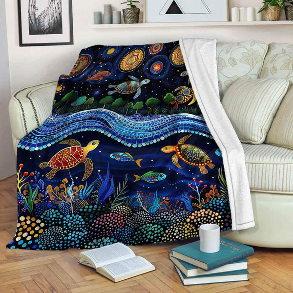 Aussie Dreamtime Australia Aboriginal Premium Blanket - Turtles Dreaming in Starry Night - View 1