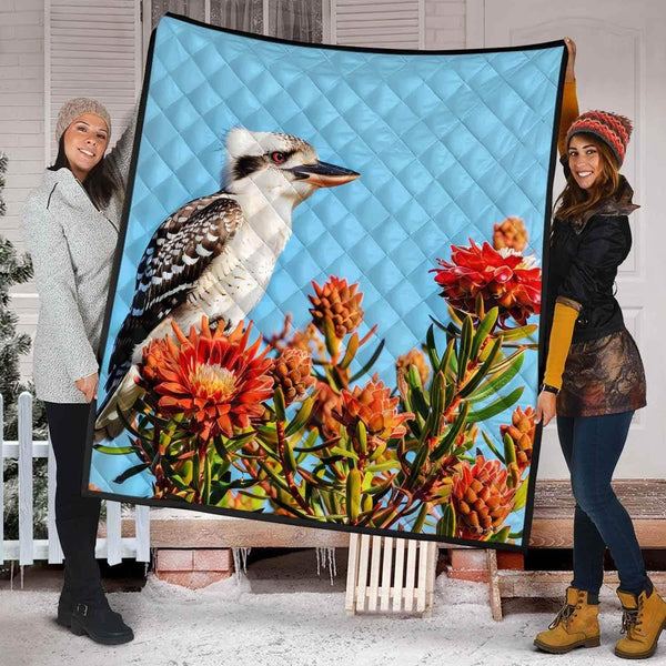 Aussie Dreamtime Australia Premium Quilt - Kookaburra Perched on Protea Bush - View 1