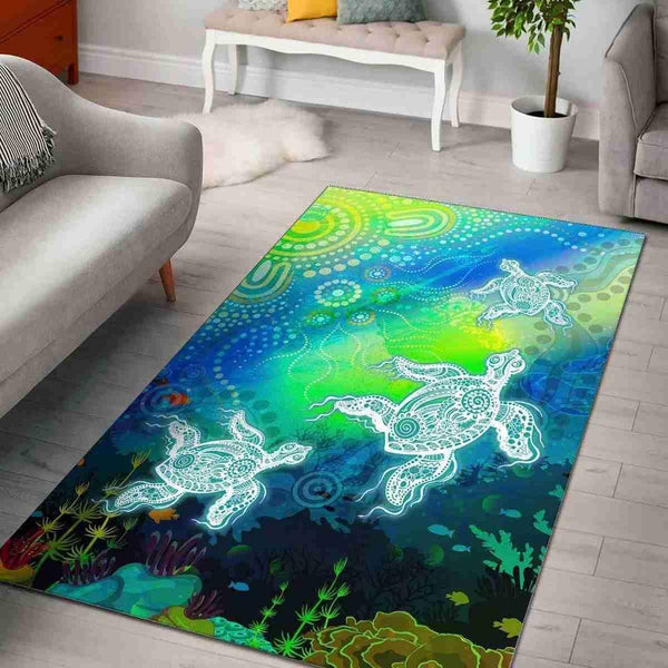 Aussie Dreamtime Australia Aboriginal Area Rug - Turtles Dreaming in Ocean Painting - View 1