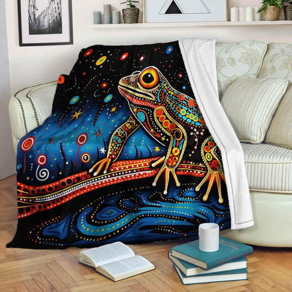 Aussie Dreamtime Australia Aboriginal Premium Blanket - Dreaming Frog in a Starry Night - View 1